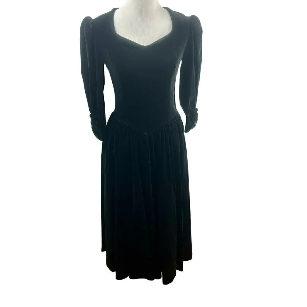 Vintage 90s Laura Ashley Velvet Dress Women 6 Midi Length Puff Sleeve Bow Black